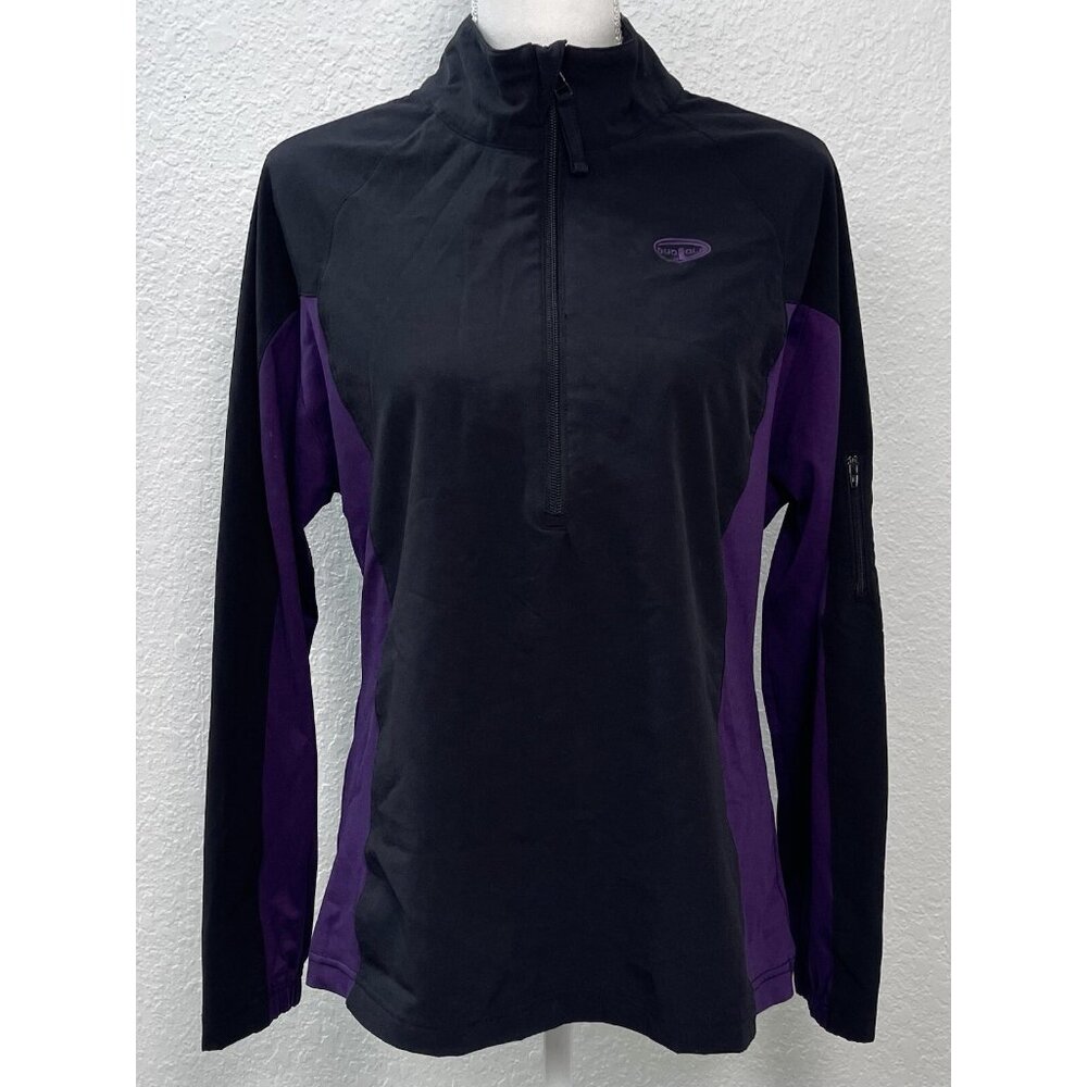 VTG DUOFOLD Womens MEDIUM/LARGE Black/Purple 1/2-Zip Pullover WINDBREAKER EUC